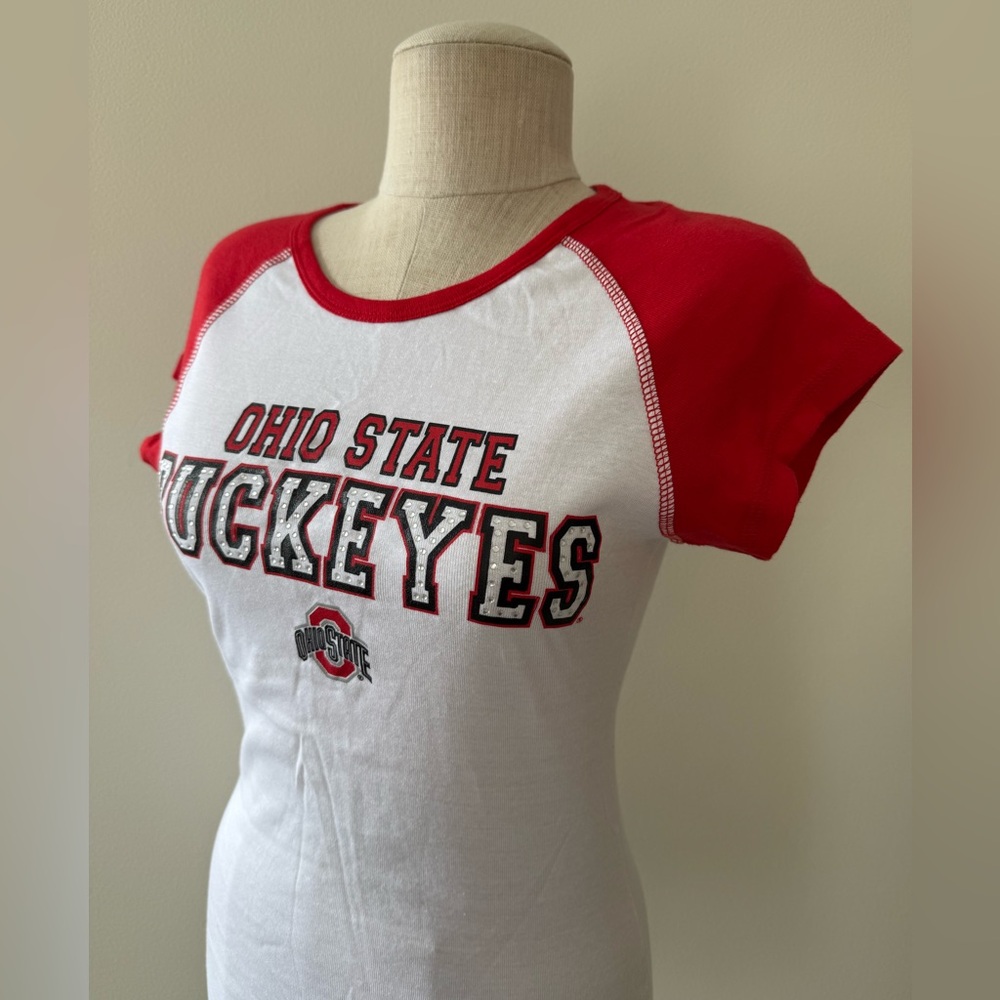 Officially Licensed Ohio State Buckeyes Women's Raglan-Style Jeweled T-Shirt - Picture 3 of 6